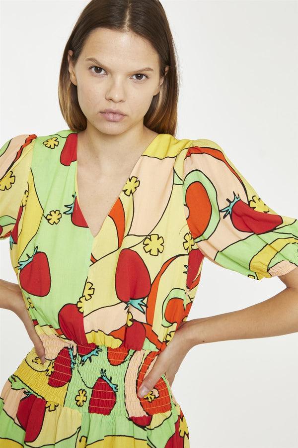 Glamorous Orange-Swirl Strawberry Shirred Waist Loose-Playsuit