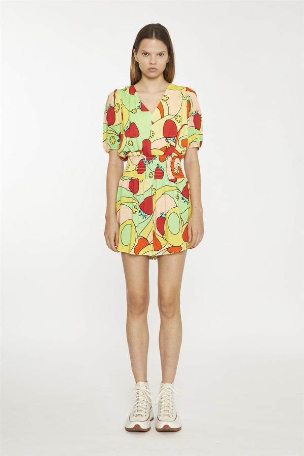 glamorous Orange-Swirl Strawberry Shirred Waist Loose-Playsuit