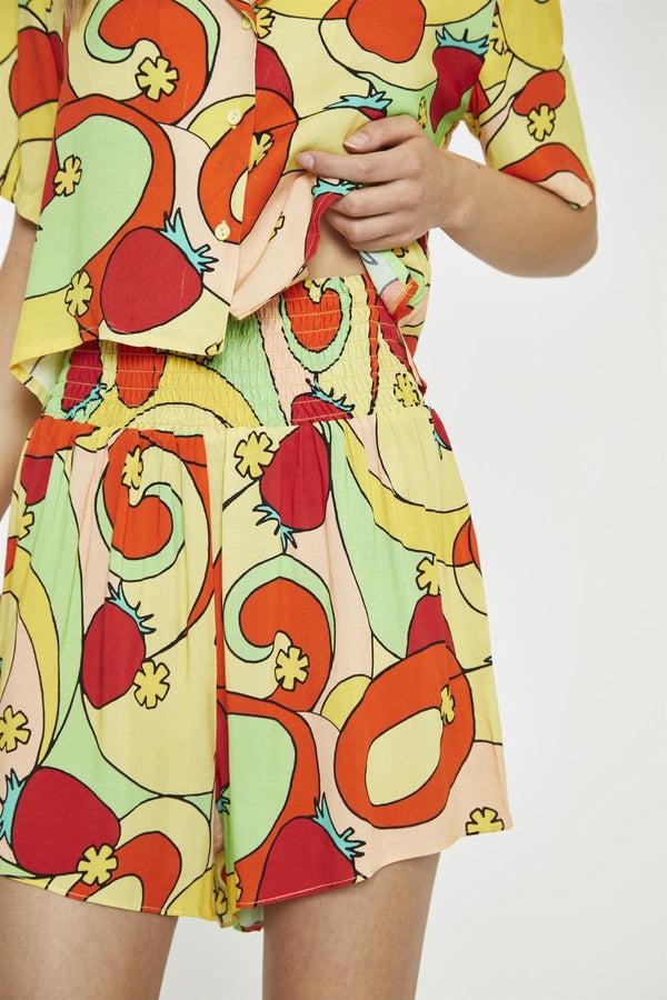 Glamorous Orange-Swirl Strawberry Smocked-Waist Loose-Fit-Shorts