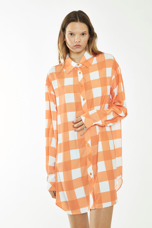 Glamorous Orange-White Gingham Long-Sleeve Mini Shirt Dress