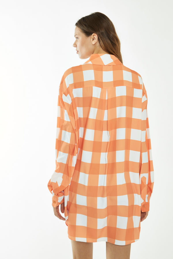 Glamorous Orange-White Gingham Long-Sleeve Mini Shirt Dress