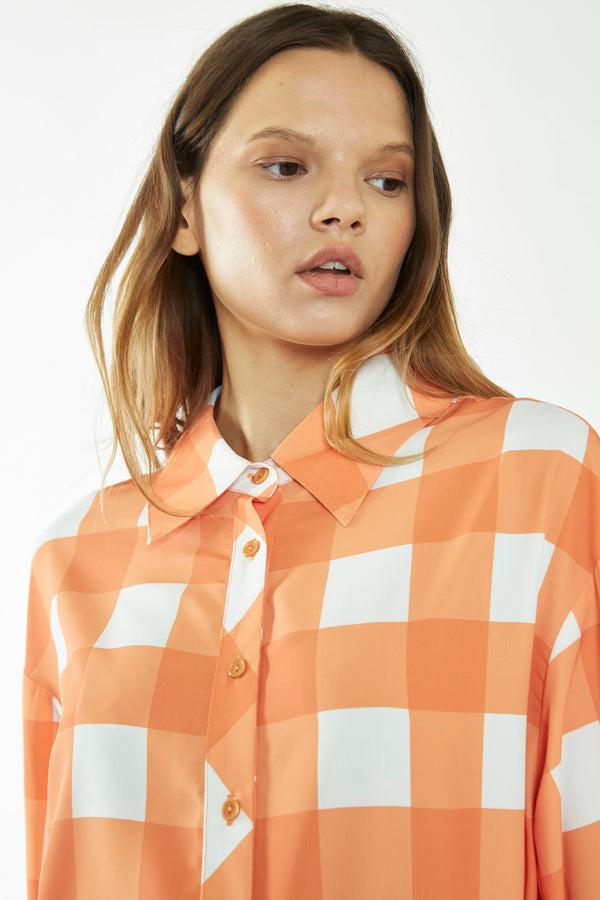 Glamorous Orange-White Gingham Long-Sleeve Mini Shirt Dress