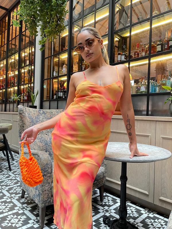 Glamorous Orange-Yellow Tie-Dye Cami Slip Midi-Dress