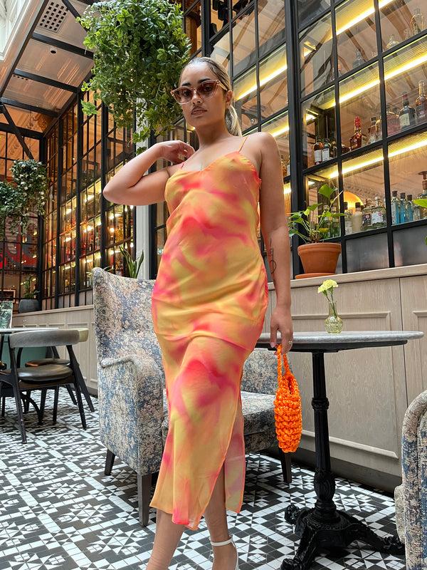 Glamorous Orange-Yellow Tie-Dye Cami Slip Midi-Dress