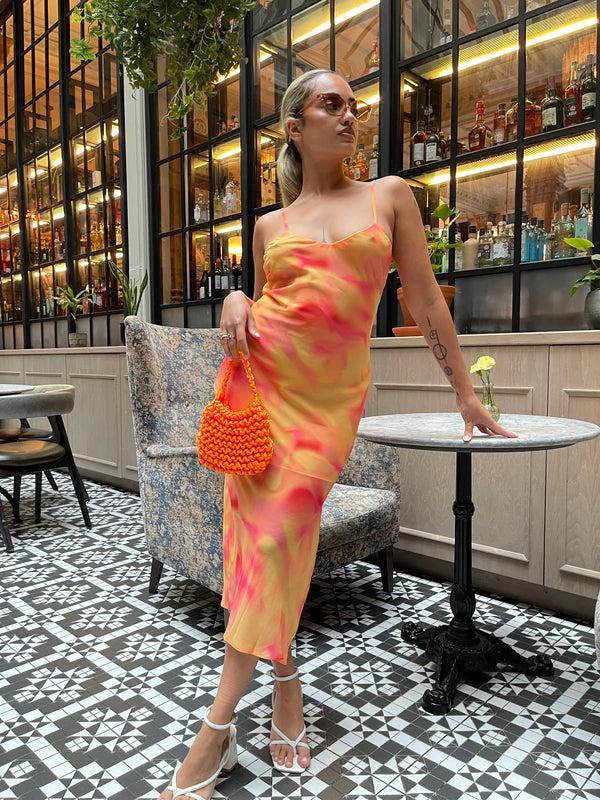 glamorous Orange-Yellow Tie-Dye Cami Slip Midi-Dress