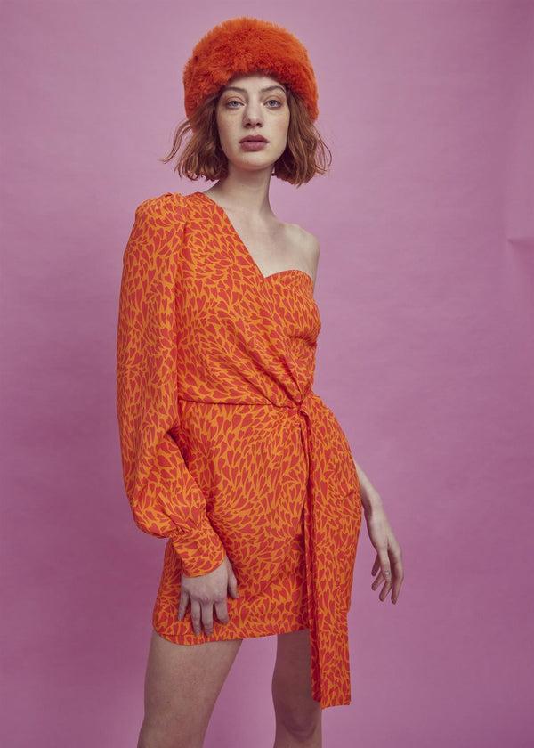 glamorous Paige One Shoulder Mini-Dress -Orange/Red Heart