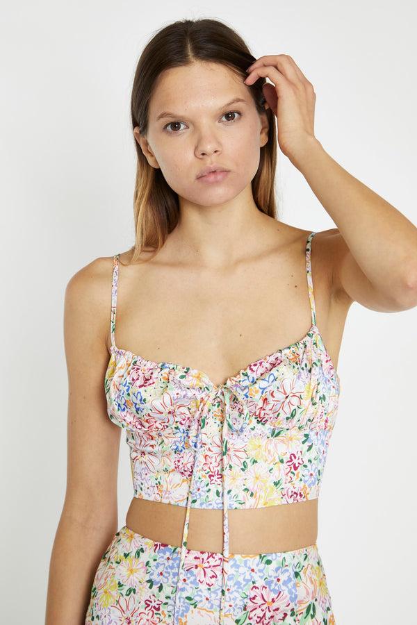 glamorous Painted Multi-Floral Ruched Bust Cup Crop-Top