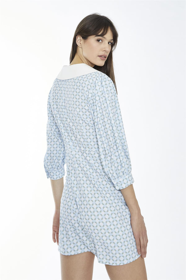 Glamorous Pale-Blue Ditsy Button-Through Collared Mini-Dress