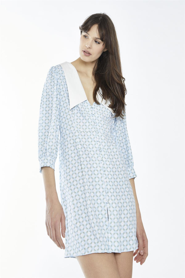 Glamorous Pale-Blue Ditsy Button-Through Collared Mini-Dress