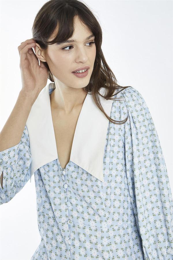 Glamorous Pale-Blue Ditsy Button-Through Collared Mini-Dress