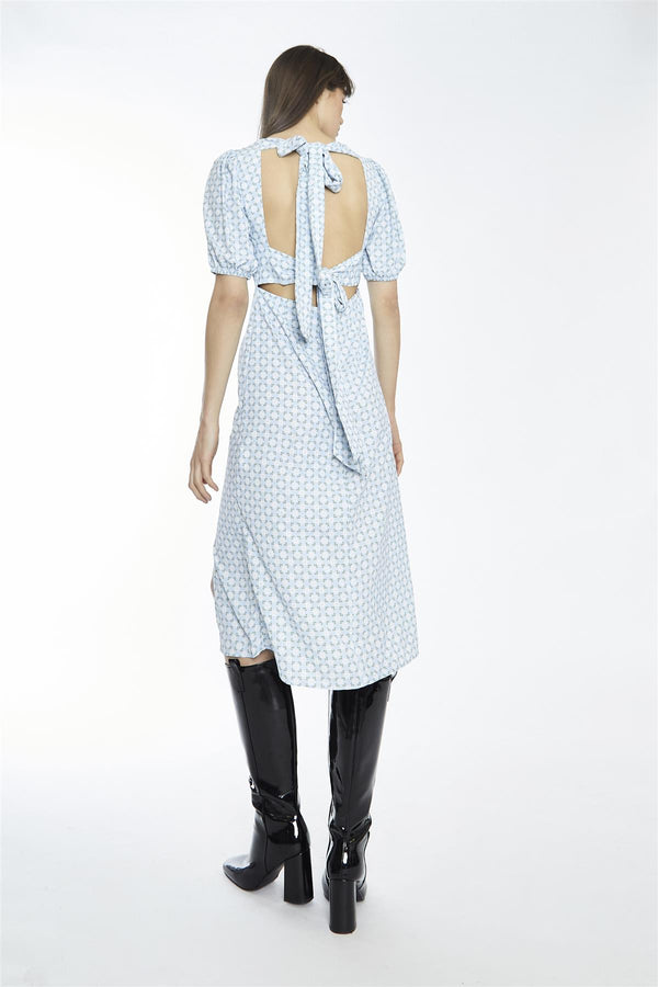 Glamorous Pale-Blue Ditsy Square-Neck Split Midi-Dress