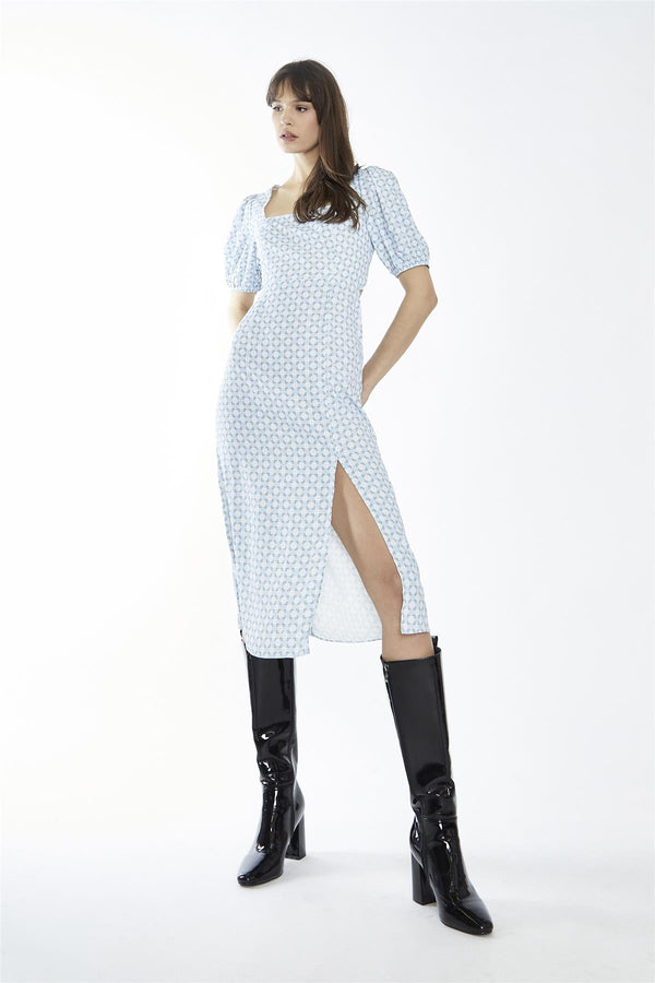 glamorous Pale-Blue Ditsy Square-Neck Split Midi-Dress
