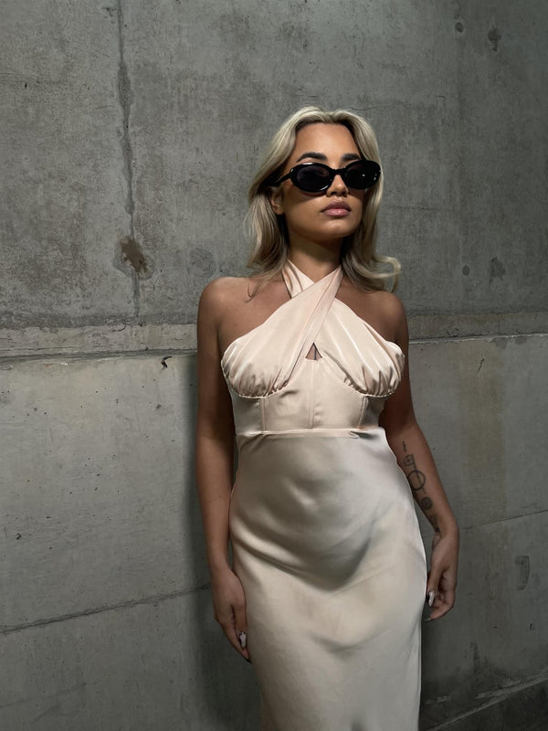 Glamorous Peach-Nude Satin Gathered Cross Front Halterneck Midaxi-Dress