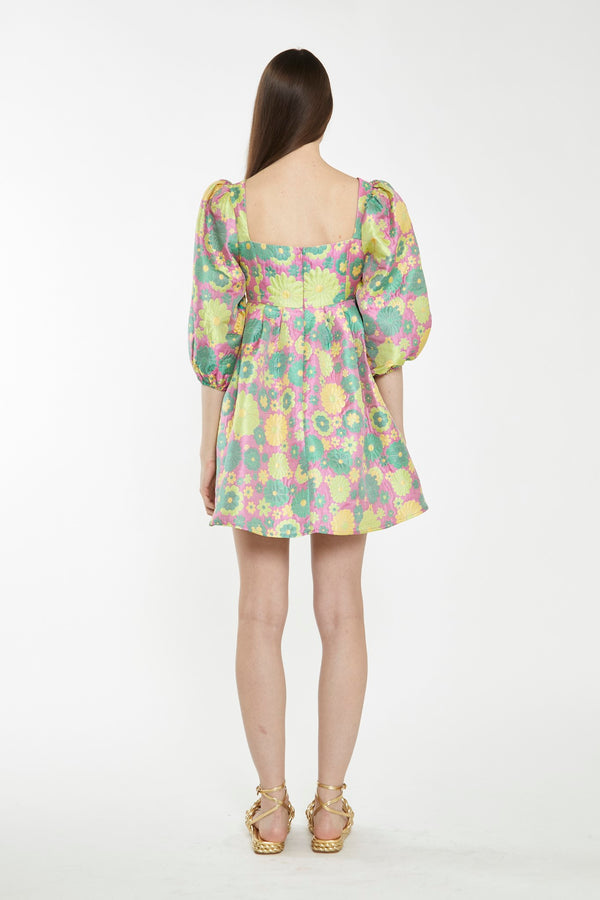 Glamorous Pink-60s-Flower-Jacquard Babydoll Mini Dress