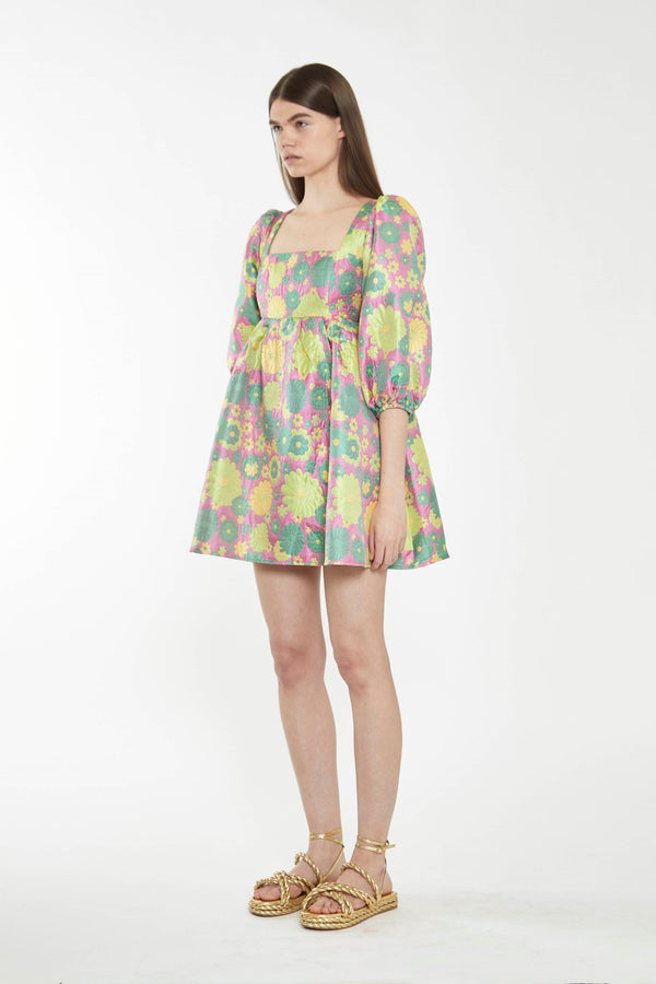 Glamorous Pink-60s-Flower-Jacquard Babydoll Mini Dress