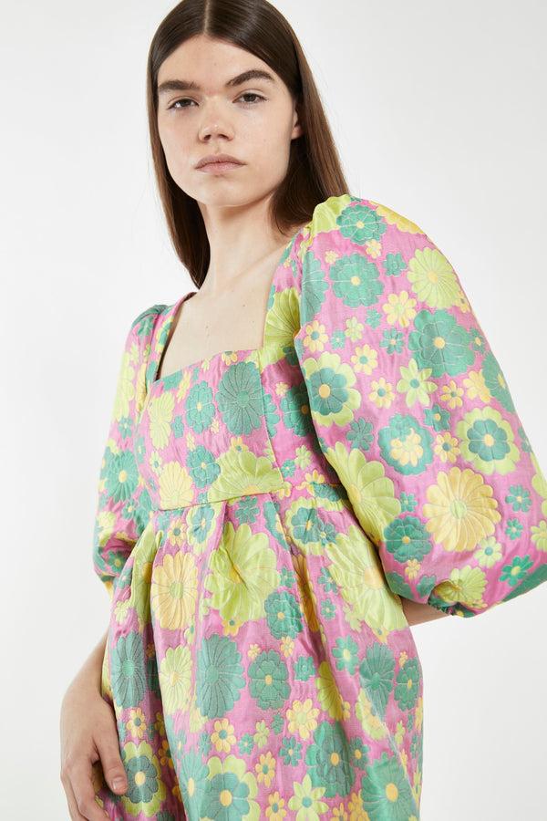 Glamorous Pink-60s-Flower-Jacquard Babydoll Mini Dress