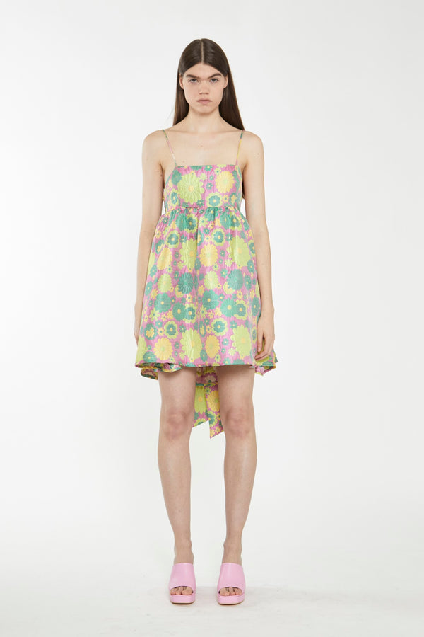 glamorous Pink-60s-Flower-Jacquard Tie Detail Mini Dress