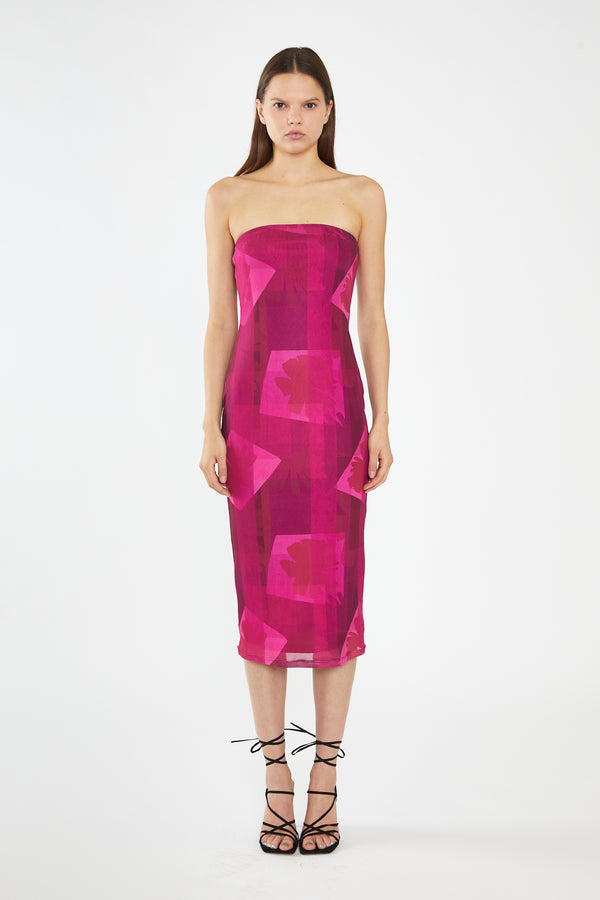 glamorous Pink-Block Mesh Bandeau Bodycon Midaxi-Dress