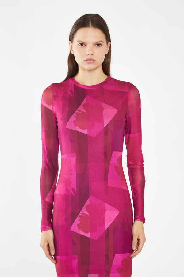 Glamorous Pink-Block Mesh Crew-Neck Bodycon Maxi-Dress