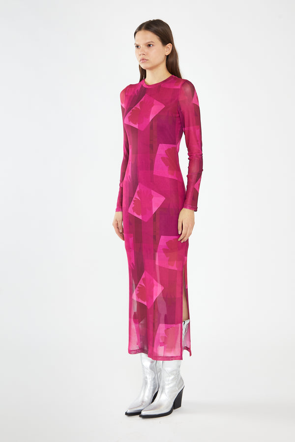 Glamorous Pink-Block Mesh Crew-Neck Bodycon Maxi-Dress