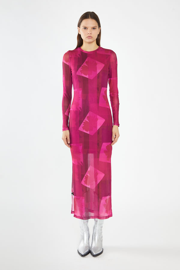 glamorous Pink-Block Mesh Crew-Neck Bodycon Maxi-Dress