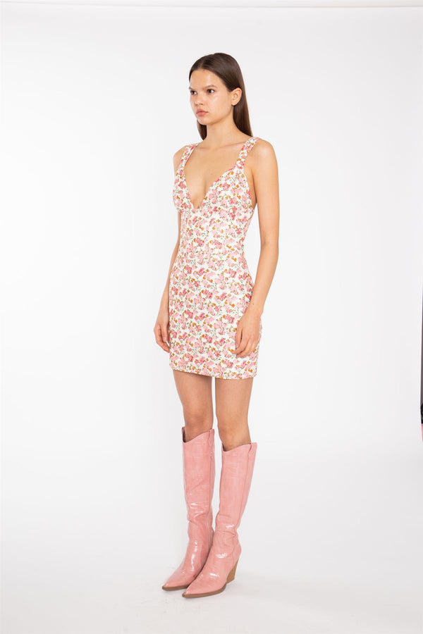Glamorous Pink Multi-Floral Lace Ruched-Bus Corset Mini-Dress