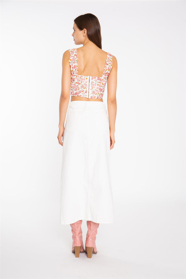 Glamorous Pink Multi-Floral Lace Ruched Corset Crop-Top