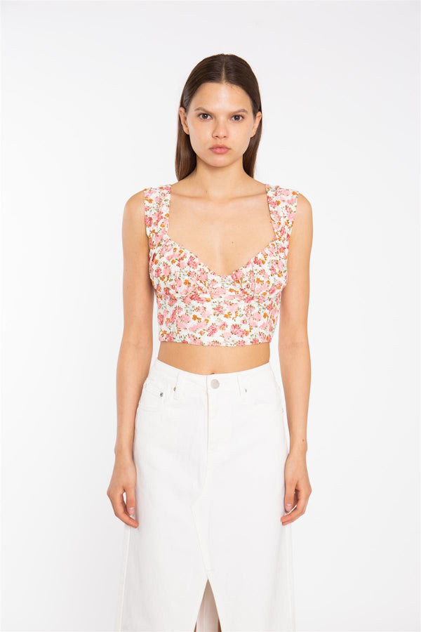 Glamorous Pink Multi-Floral Lace Ruched Corset Crop-Top