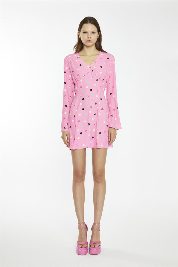 Glamorous Pink Multi-Flower Fluted Sleeve Mini-Dress