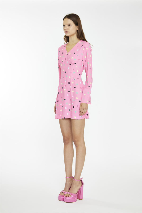 Glamorous Pink Multi-Flower Fluted Sleeve Mini-Dress