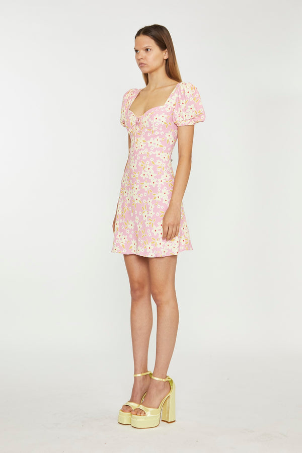 Glamorous Pink-Olive-Yellow-Flower Puff Sleeve Mini Dress