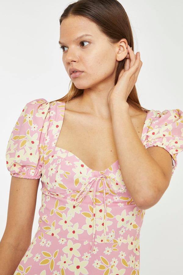 Glamorous Pink-Olive-Yellow-Flower Puff Sleeve Mini Dress