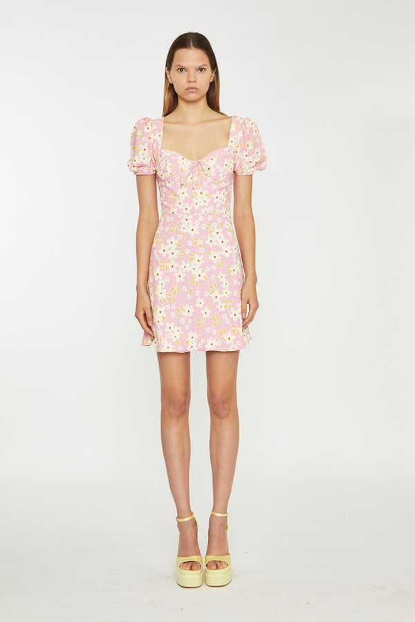 glamorous Pink-Olive-Yellow-Flower Puff Sleeve Mini Dress