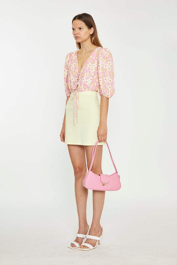 Glamorous Pink-Olive-Yellow-Flower Tie-Front Crop Top