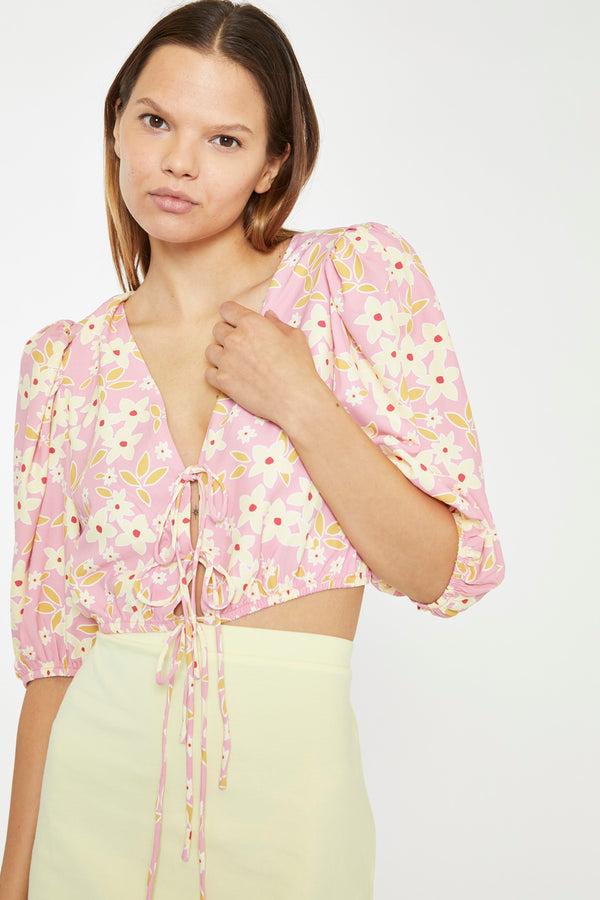 glamorous Pink-Olive-Yellow-Flower Tie-Front Crop Top