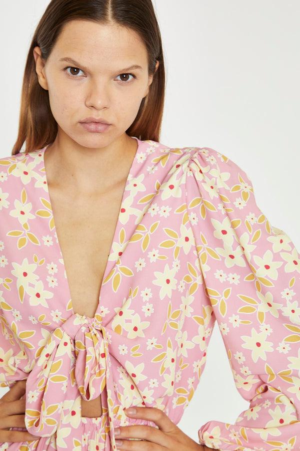 Glamorous Pink-Olive-Yellow-Flower Tie-Front Plunge Playsuit