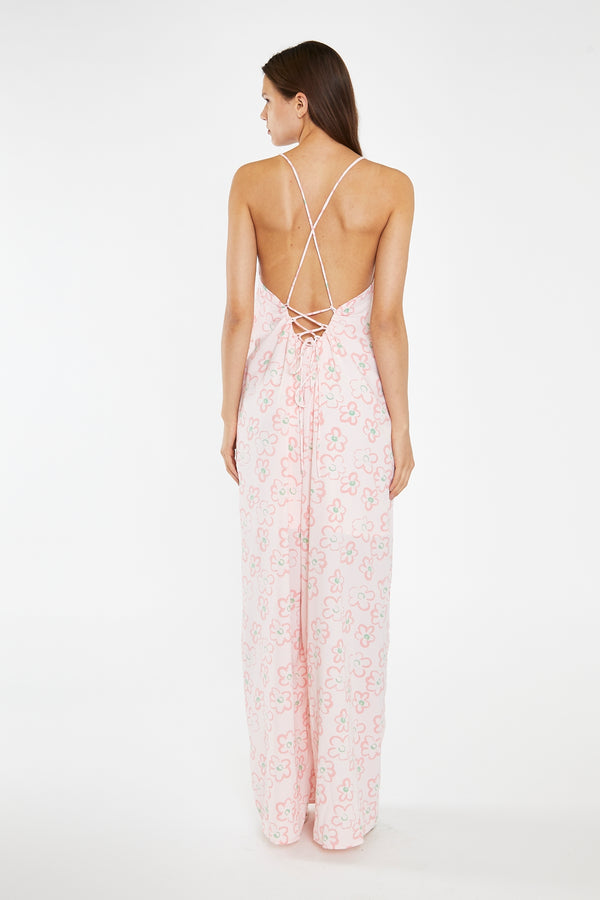 Glamorous Pink Painted-Daisy Loose-Fit Lace-Up Jumpsuit
