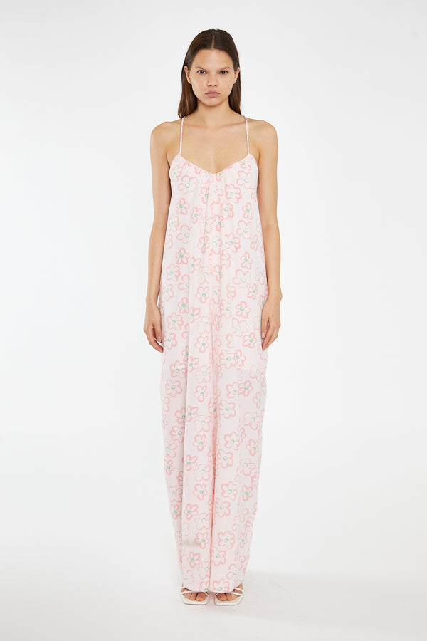 glamorous Pink Painted-Daisy Loose-Fit Lace-Up Jumpsuit