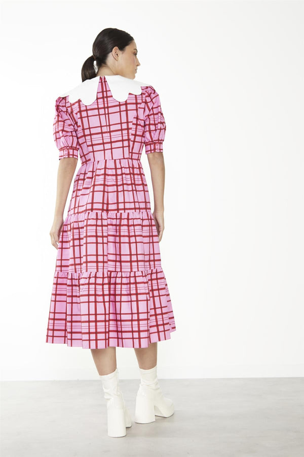 Glamorous Pink-Red Grid-Check Tiered Collared Midi-Dress