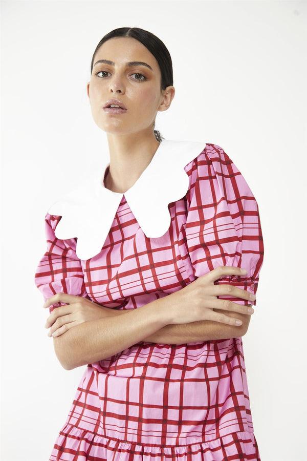 Glamorous Pink-Red Grid-Check Tiered Collared Midi-Dress