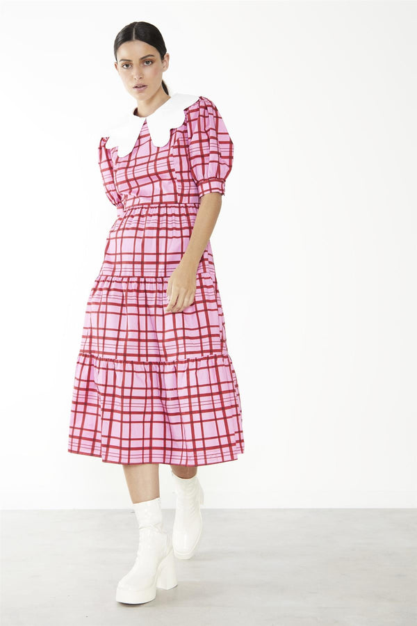 Glamorous Pink-Red Grid-Check Tiered Collared Midi-Dress