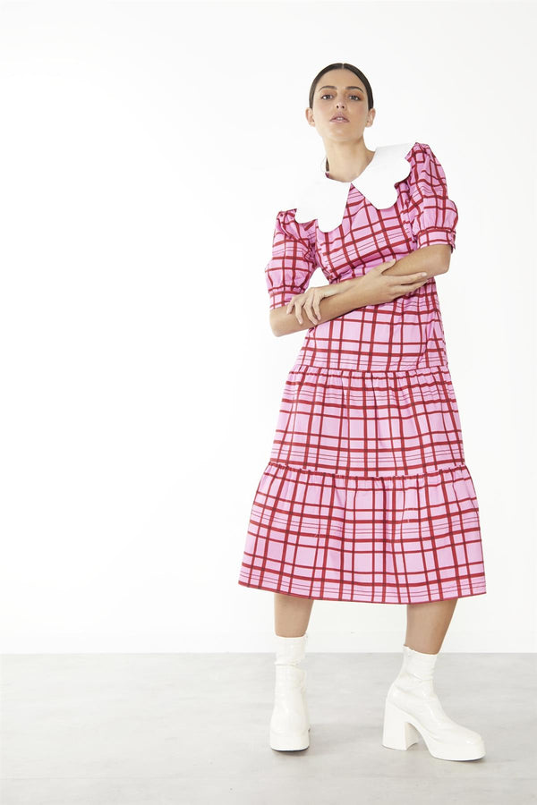 glamorous Pink-Red Grid-Check Tiered Collared Midi-Dress