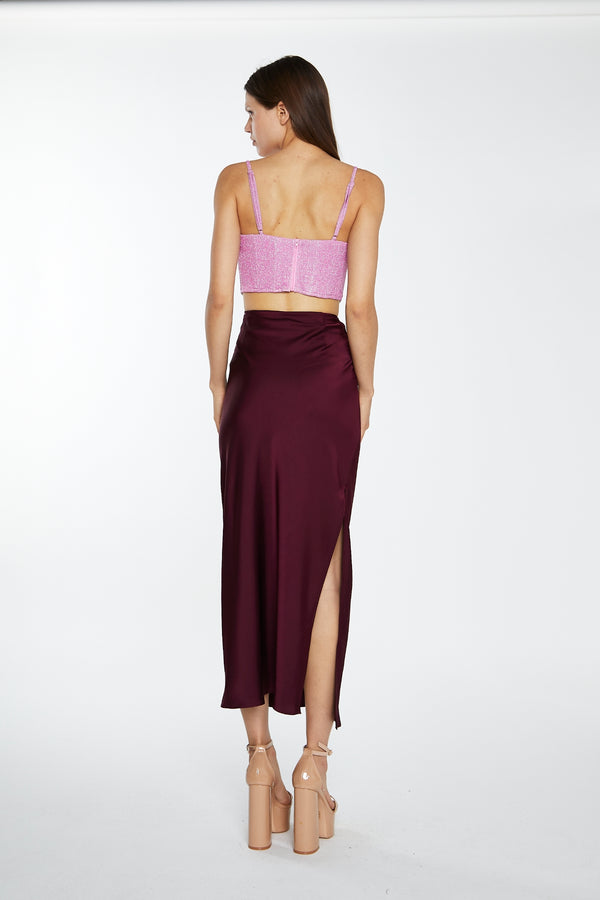 Glamorous Pink Silver-Glitter Chain-Strap Corset Crop-Top