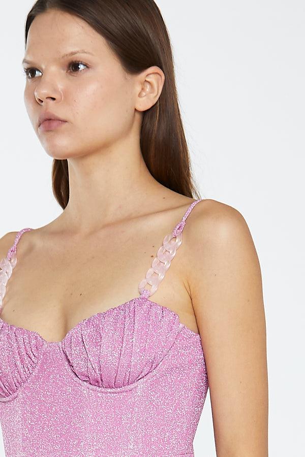 Glamorous Pink Silver-Glitter Chain-Strap Corset Crop-Top