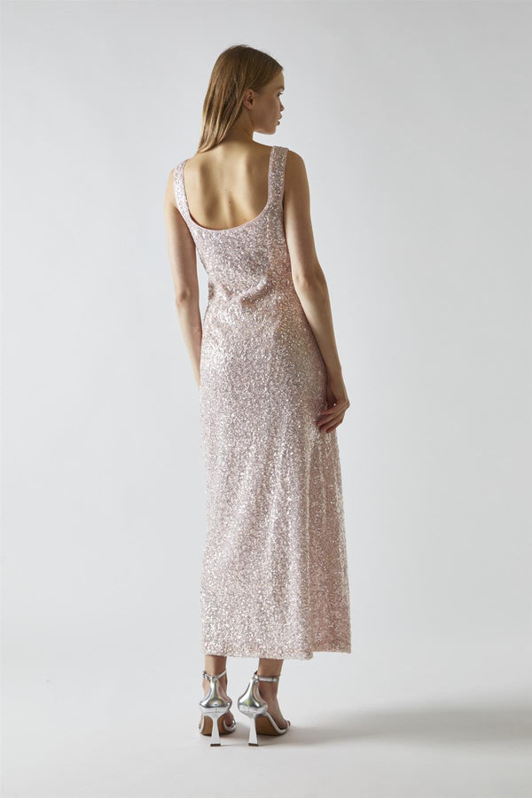Glamorous Pink-Silver Sequin Square-Neck Bias-Cut Midaxi-Dress
