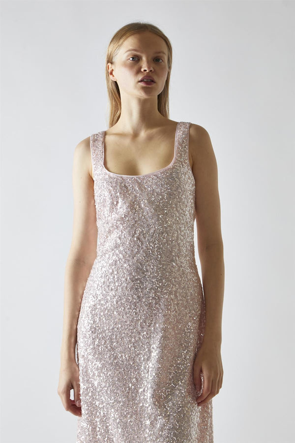 Glamorous Pink-Silver Sequin Square-Neck Bias-Cut Midaxi-Dress