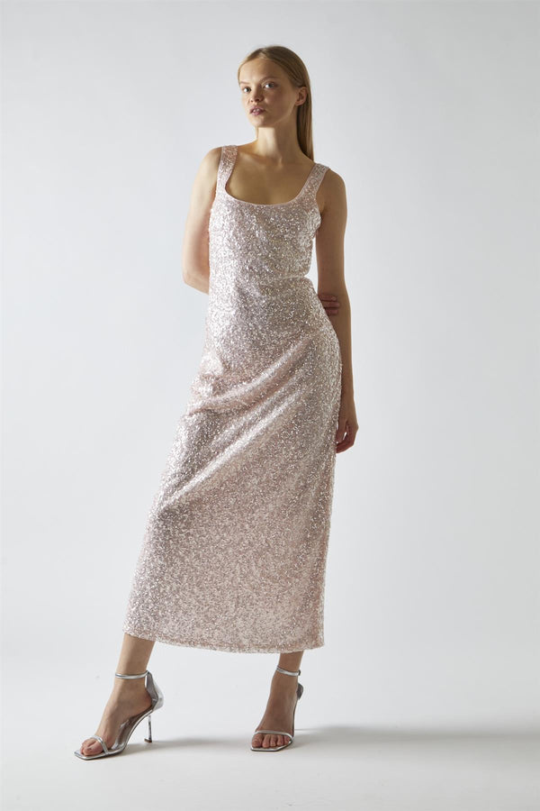Glamorous Pink-Silver Sequin Square-Neck Bias-Cut Midaxi-Dress