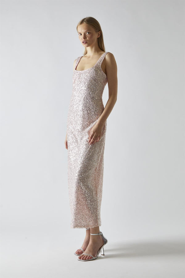 glamorous Pink-Silver Sequin Square-Neck Bias-Cut Midaxi-Dress