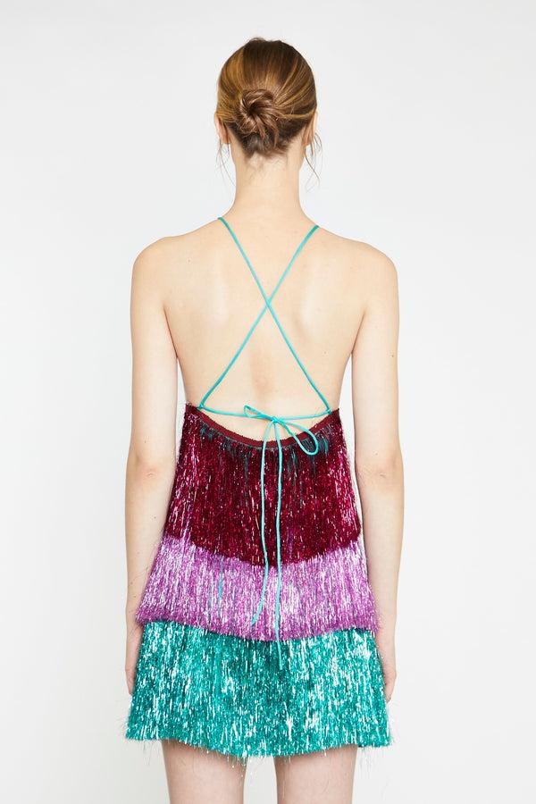 Glamorous Pink Teal Purple Tinsel Fringe Halterneck Mini-Dress