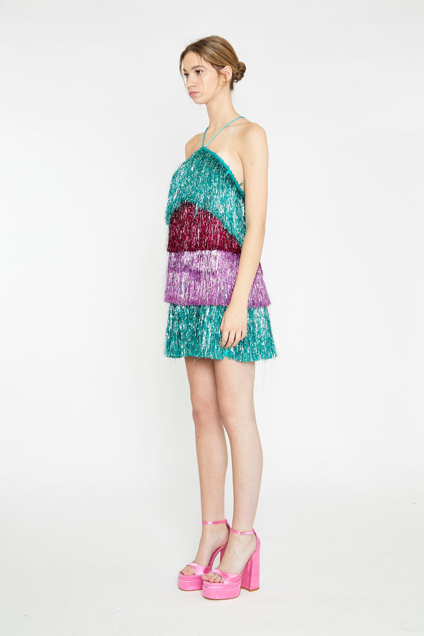 Glamorous Pink Teal Purple Tinsel Fringe Halterneck Mini-Dress